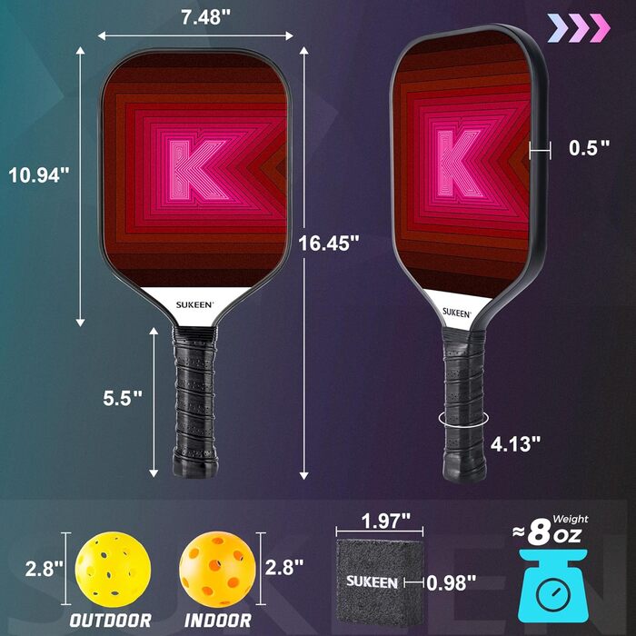 Набір ракет для піклболу Sukeen: 2 ракетки з фібергласовою поверхнею, для чоловіків та жінок, рожево-червоний колір