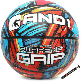 Баскетбольний м'яч AND1 Supreme Grip, розмір 7, гумовий, для вулиці та залу, синьо-червоний, з насосом