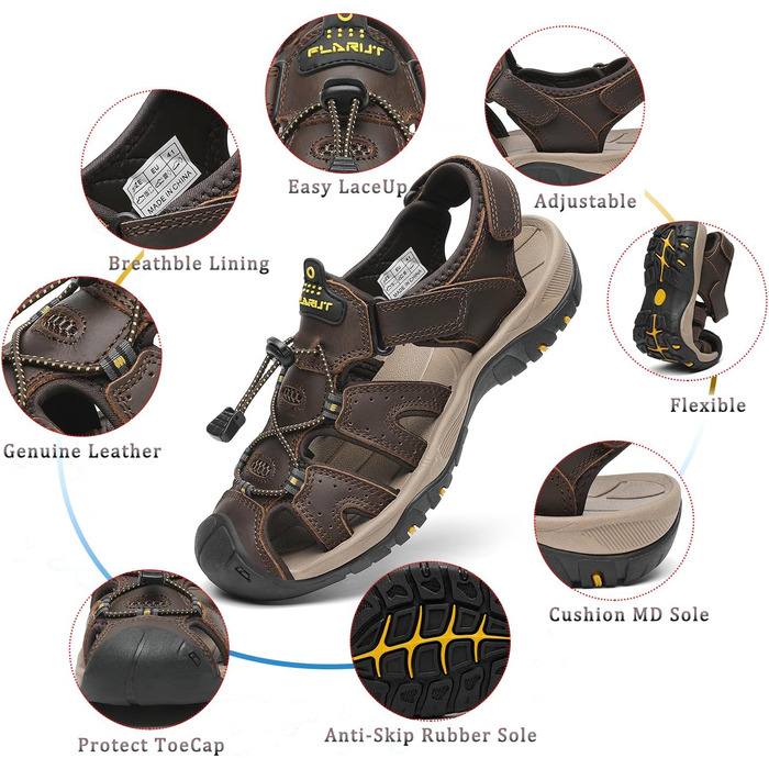 Чоловічі сандалі FLARUT для туризму та пляжу, шкіряні трекінгові, темно-коричневі, 42 EU