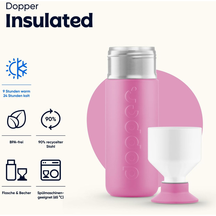 Індивідуальна термобутилка Dopper Insulated 580 мл з нержавіючої сталі, рожевий — термос для води, кави, чаю, подвійні стінки, не протікає, зберігає холод до 24 годин, тепло до 9 годин