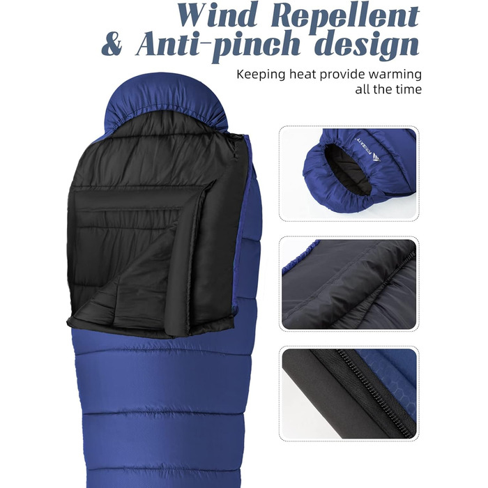 Спальник Forceatt Winter -7℃ до 20℃ (2.4 кг, 210x80 см) Мумія, легкий 4 сезони, водонепроникний, для кемпінгу, туризму, блакитний