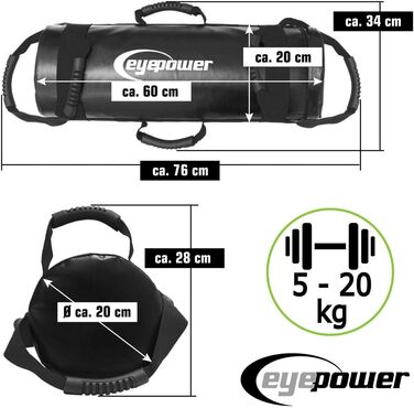 Мішок для тренувань EyePower 20 кг + 4 гантелі - заповнений піском - 6 ручок для фітнесу, для дому - 20x60 см, тренажер для пресу та спини, чорний