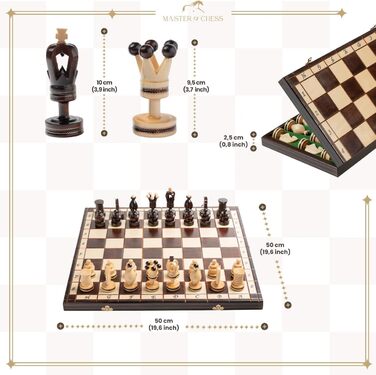 Розкішна шахова дошка Royal Gambit з дерева 50 см, інкрустована, комплект шахів для дорослих і дітей, делюкс-фігури
