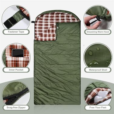 Спальний мішок Baumwoll-Flanell для дорослих, 100% бавовна, для кемпінгу, трекінгу, подорожей з рюкзаком, легкий, 3-4 сезони (зелений/коричневий)