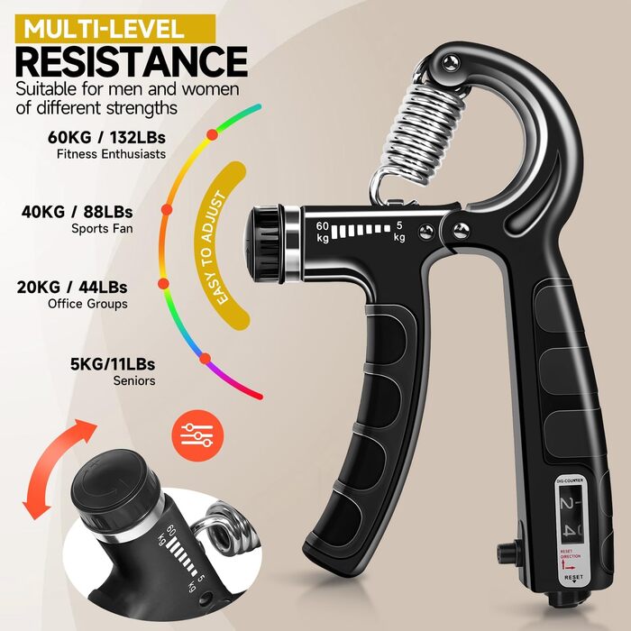 Набір для тренування рук Flintronic: тренажер зап'ястя з лічильником, регулювання ваги 5-60 кг, тренажер пальців для фітнесу, альпінізму, силових тренувань та реабілітації. Оранжевий (5 шт.) та чорний (5 шт.)