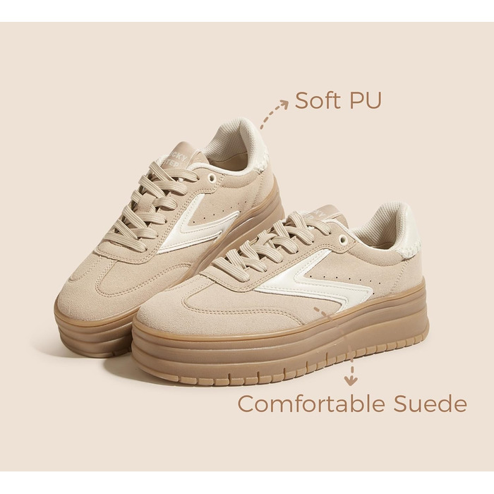 Жіночі туфлі на платформі Lucky Step з гумовою підошвою та замшею - ретро дизайн, товста підошва для тенісу та повсякденного носіння (40 EU, Бежеві)