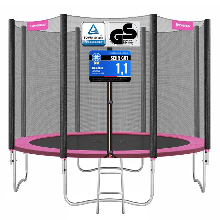 Трамплін SONGMICS Outdoor Ø 183/244/305/366/427 см, круглий, для саду, дитячий з захисним покриттям, з сіткою безпеки, з драбиною та м'якими стійками (305 см, Рожевий)