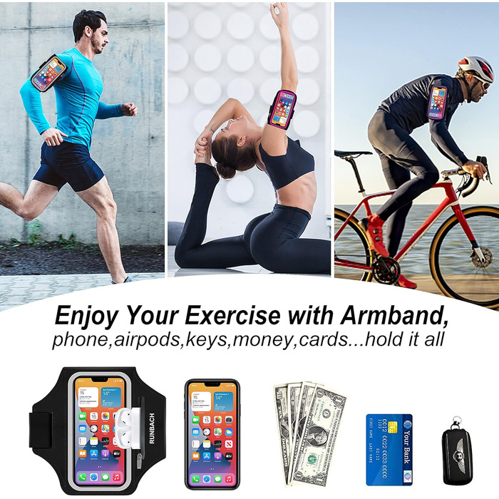 Спортивний браслет на руку RUNBACH для Google Pixel 8/8 Pro/7/7a/7 Pro/6/6a/6 Pro/5/5a/4/4a/4XL/3a/3 XL, водонепроникний, з кишенею на блискавці для Pixel Buds та ключів (чорний)