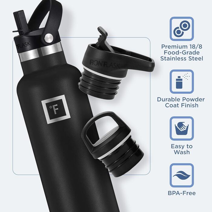 Фляга для води з нержавіючої сталі з 3 кришками - термофляга, витікання, ізольована, без BPA, для спорту, школи, фітнесу, кемпінгу, чорний колір Midnight Black, 710 мл