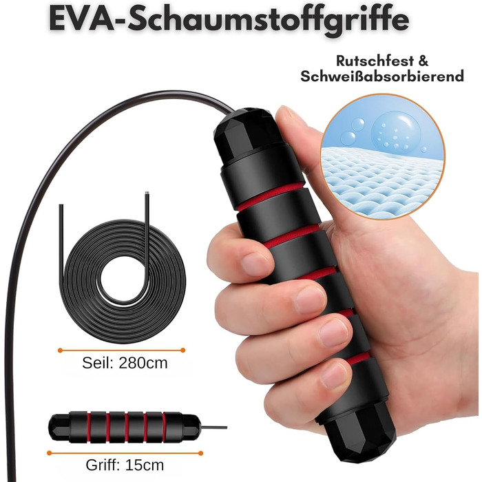 Стрибкове канат ALPHA PULL® з регулюванням - для фітнесу, тренувань, дорослих та дітей - з антиковзними ручками (червоний/чорний)