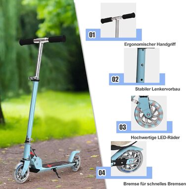 Дитячий ролер COSTWAY з LED-колесами, для дітей від 4 років, до 70 кг, регульована висота, блакитний