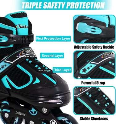 Роликові ковзани Nattork для дітей з підсвічуванням, Outdoor & Indoor, розмір 27-31, Teal