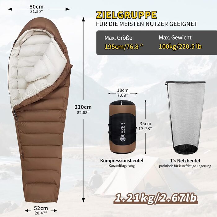 Пуховий спальний мішок для дорослих та дітей, легкий зимовий спальник Outdoor 8°C ~ -30°C для кемпінгу та альпінізму з 650 FP гусячим пухом