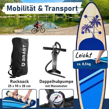 Надувний SUP Борд BRAST Tropic | Комплект для станд-ап паддлбордингу | 320x81x15см | 6 дизайнів | 5 років гарантії | з аксесуарами | 2в1: SUP та каяк, крісло, тримач Action-Cam, петля для ніг, насос, рюкзак (Блакитний)