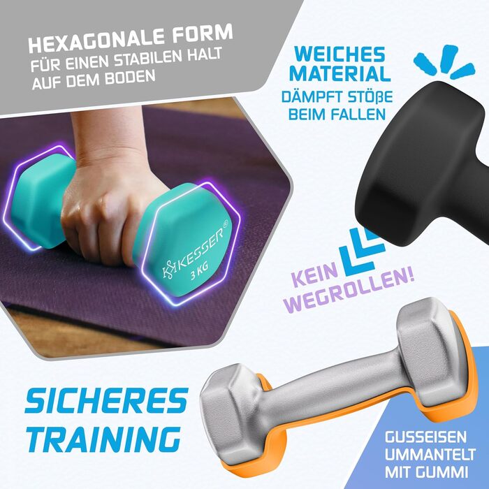 Набір гантелей KESSER® 18 кг з підставкою, 3 пари (1-5 кг), неслизьке неопренове покриття, з інструкцією та фітнес-гумками