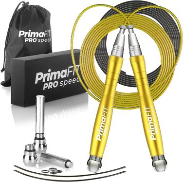 Скакалка PrimaFIT для дорослих: професійна, з регулюванням, з вагою, 3м, 2 підшипники, антиковзні ручки, для боксу, MMA, кросфіту, сталеве тросик, сумка (золота)