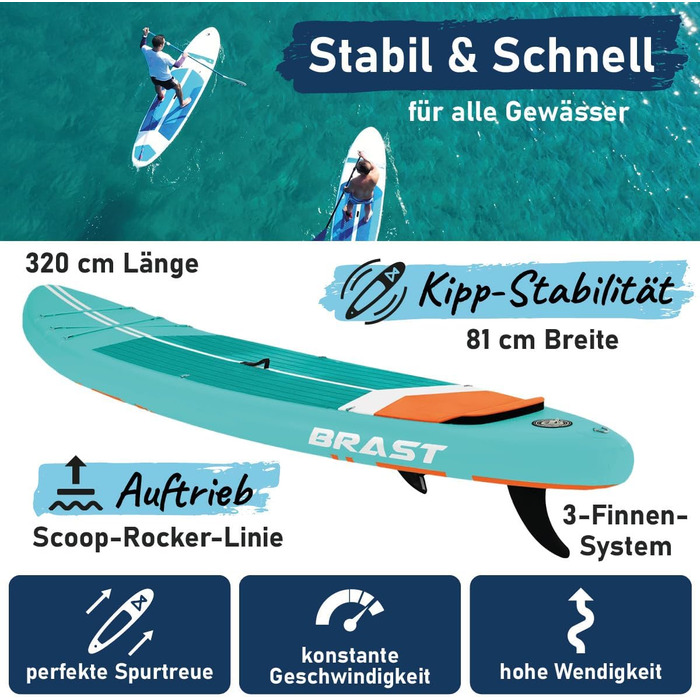 SUP дошка BRAST Turtle надувна з веслом, 320x81x15 см, бірюзова - комплект для Stand Up Paddleboarding (SUP) з 5-річною гарантією