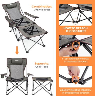 XGEAR 2-в-1 Кемпінговий стул: розкладний, для риболовлі, легкий, з підніжкою та підлокітником, 136 кг, Oxford-тканина
