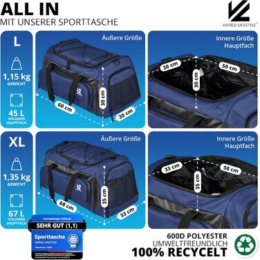 Спортивна сумка V® з відділенням для взуття, мокрою білизною та ізольованим холодильним відсіком. Сумка для сауни, подорожей, спортзалу, фітнесу, плавання. Чорно-сірий (XL, Синьо-карбоновий)