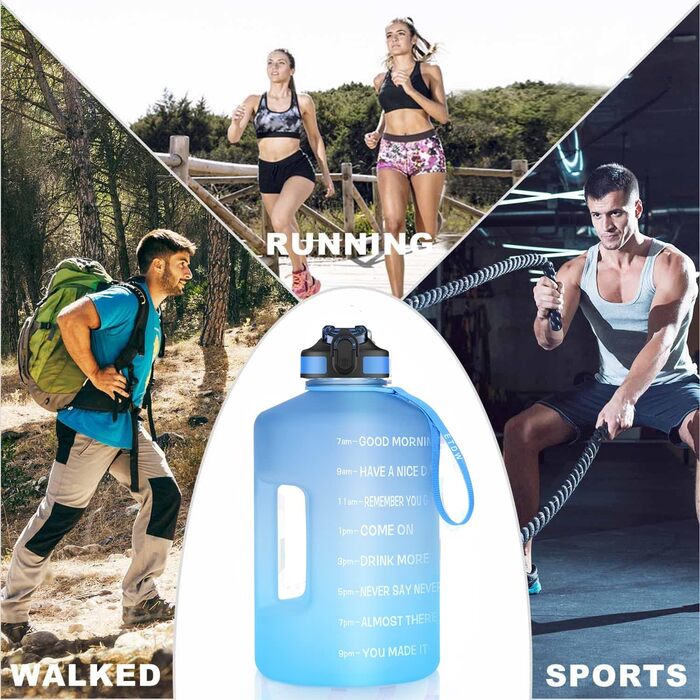 Спортивна пляшка для води 3,78 л з позначеннями часу та трубочкою, BPA Free, витокозахисна, блакитна (3800 мл)