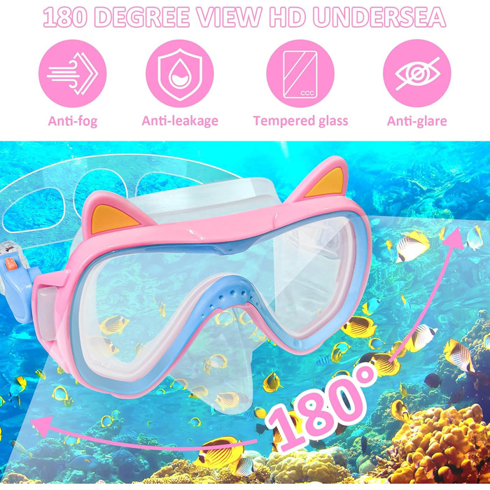 Дитяча маска для снорклінгу та плавання, 4-16 років, комплект, панорама 180°, сухий сноркель, рожева