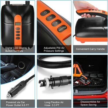 Електричний насос AGPtEK 20PSI для SUP-дощок, човнів та каяків з автовимкненням