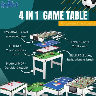 Leomark Multigame дерев'яний ігровий стіл 4в1 - пінг-понг, більярд, хокей, футбол. З аксесуарами, від 8 років