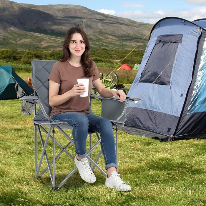 Крісло для кемпінгу Costway XXL, 227 кг, з підлокітниками та кишенею для напоїв, сіре