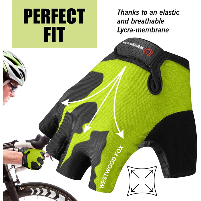 Велосипедні рукавички WESTWOOD FOX, напівпальцеві, унісекс, з підкладками на ручках, нековзна долоня, для їзди на велосипеді, літні, MTB, для чоловіків та жінок, без пальців, короткі, для гірського велосипеда (XL, Papagei)