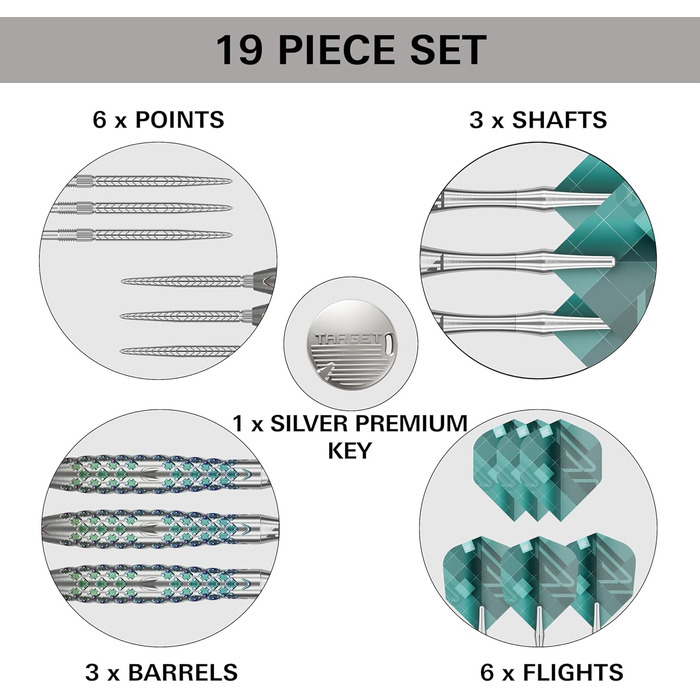 Професійний набір дротиків Target Rove Swiss Point 90% вольфрам, 23 г, зелено-сріблясті, сталевий наконечник, інструмент у комплекті