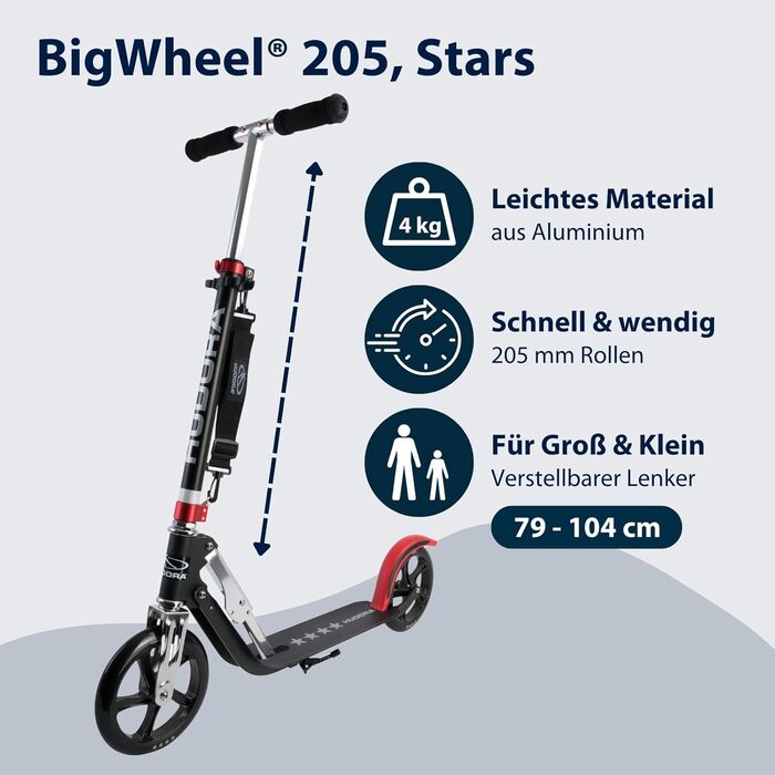 Самокат HUDORA BigWheel 205 алюмінієвий, міський, складаний, регульований по висоті, для дітей і дорослих до 100 кг, з підніжкою