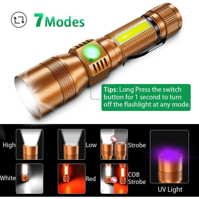 Ліхтарик Karrong LED з USB-зарядкою та магнітом, ультрафіолетовий UV-ліхтар 395нм, 7 режимів світла (включаючи червоне), акумуляторний набір для кемпінгу та походів, коричневий, 2 шт.