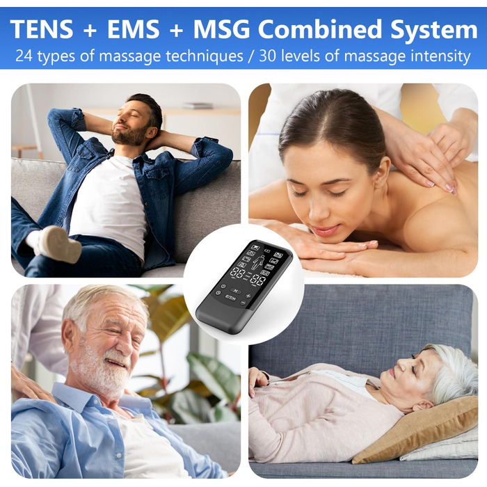 EMS TENS пристрій для терапії болю, 3-в-1 масажер, апарат електростимуляції для зняття болю. 24 програми масажу, 2 канали, 8 електродів