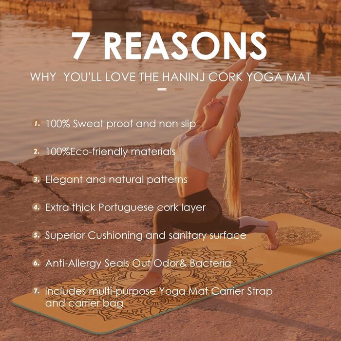 Килимок для йоги з корку – антиковзаючий, з унікальним дизайном мандали, з натурального каучуку TPE, для дому, фітнесу, пілатесу, аеробіки, з сумкою та ремінцем, блакитний