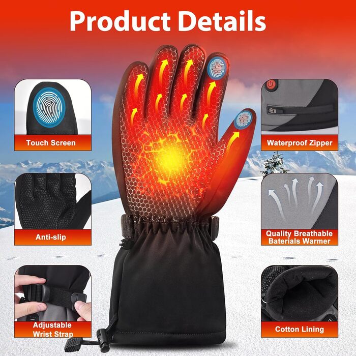 Гріючі рукавички з акумулятором 7.4V 6400mAh USB, 3 режими нагріву, водонепроникні рукавички з нагрівом для зимових видів спорту, катання на лижах, мотоциклі, велосипеді, піших прогулянок