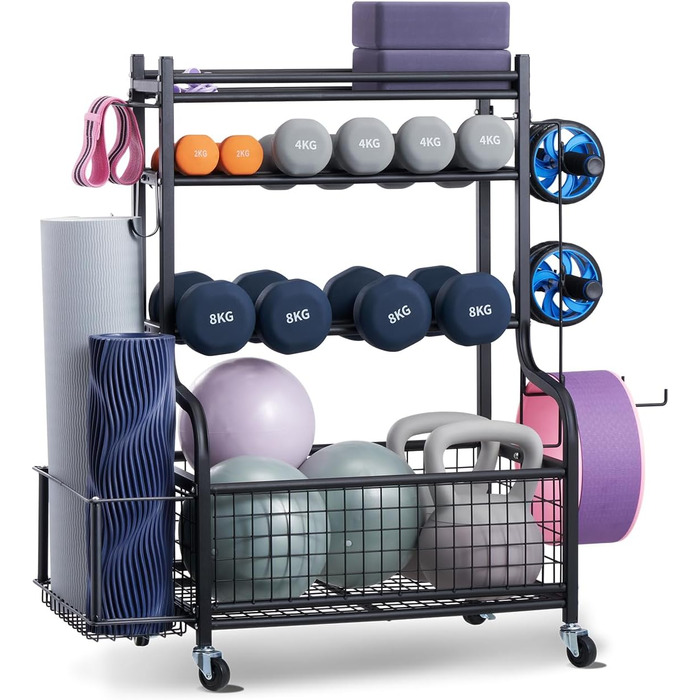 Стенд для зберігання та підтримки йогаматів та гантелей VEVOR - мобільний, з колесами та гачками, для домашніх тренувань