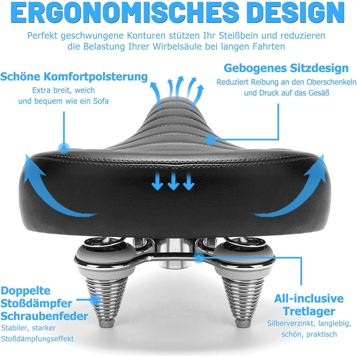 Зручний велосипедний сідло для чоловіків та жінок, широке м'яке сідло, ергономічне, з м'яким наповнювачем, універсальне, для міських велосипедів, гірських велосипедів, електровелосипедів, велотренажерів (C1 Чорний, сталевий гіроскопічний пружинний)