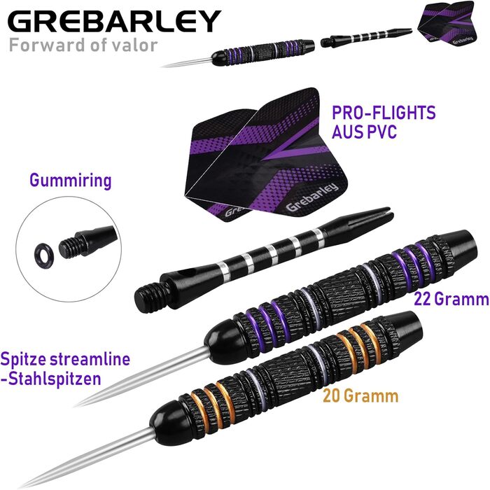 Дарти Grebarley професійні сталеві, 12 шт. з алюмінієвими дротиками та пір'ями (зелений, жовтий, фіолетовий, синій)