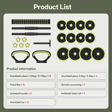PASYOU Набір гантелей регульовані 20 кг 4 в 1: гантелі, гиря, гантелі з'єднувачем, штанга для домашніх тренувань (зелений)