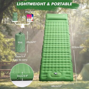 Каремат самонадувний HiiPeak Isomatte 12 см, зелений. Легкий, компактний, з інтегрованими подушками. Ідеальний для кемпінгу та відпочинку на природі.