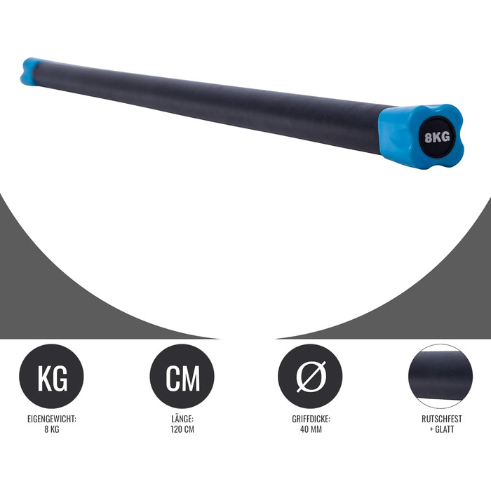 Гриф для фітнесу GORILLA SPORTS 8 кг, сталевий, гумовий, нековзний, для аеробіки та силових тренувань