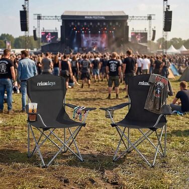 Набір складаних кемпінгових стільців Relaxdays (2 шт.) з підскруткою, підстаканником та сумкою для перенесення, чорні, витримують до 150 кг