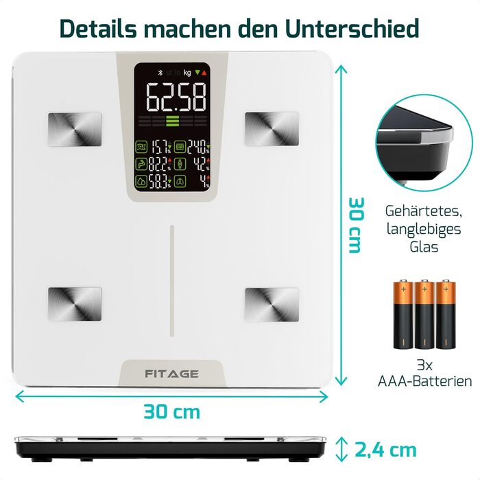 Цифрова вага-аналізатор тіла Testsieger 2025, до 225 кг, 17 показників, аналіз тіла через додаток, вимірювання жиру та м'язової маси, великий LED-дисплей - білий