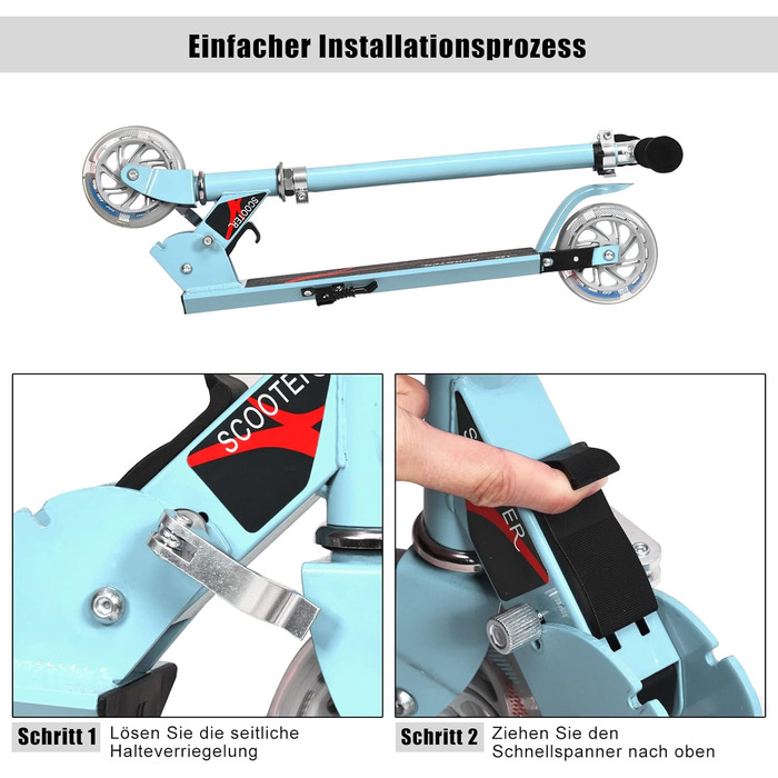 Дитячий ролер COSTWAY з LED-колесами, для дітей від 4 років, до 70 кг, регульована висота, блакитний