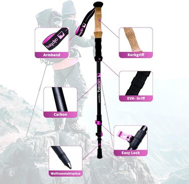 Телескопічні трекінгові палиці з карбону та алюмінію для скандинавської ходьби, регульовані (65–135 см), ергономічні, рожеві