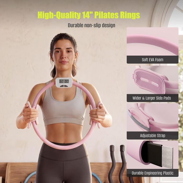 Pilates Set MaxU для жінок: коло 35 см, м'яч, гумові стрічки, кільце з лічильником та шкарпетки. Ідеальний набір для домашніх тренувань для початківців. Рожевий колір.