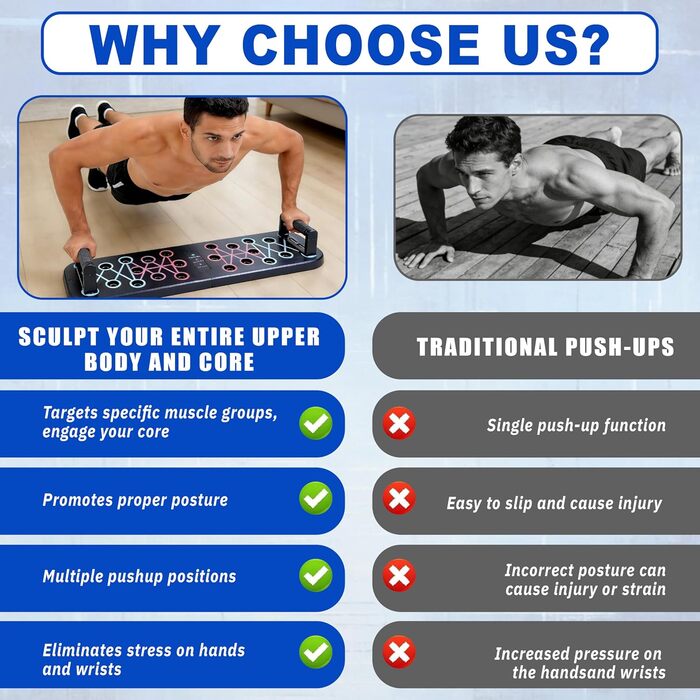 Преміум набір для віджимань 12-в-1 Push Up Board: інноваційна складана дошка для віджимань з регульованими ручками та 2 еластичними стрічками для тренувань вдома та нарощування м'язів