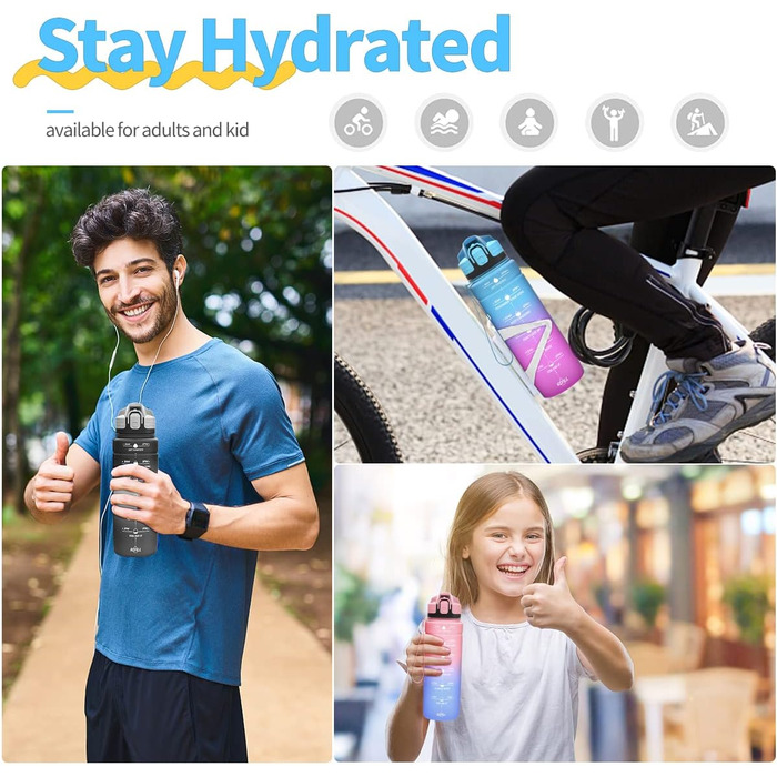 Дитяча спортивна пляшка для води 500 мл блакитно-лілова з мітками часу, Tritan, BPA Free, без витоку, для школи та спортзалу