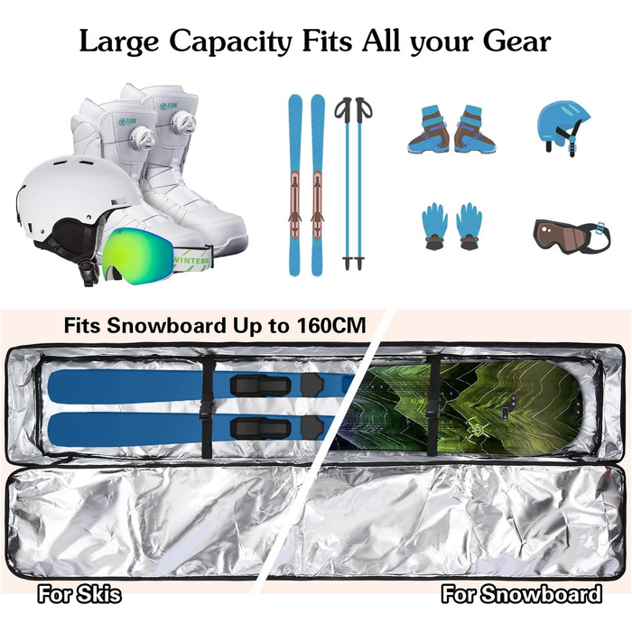 Чохол для сноуборду/лиж з колесами, 1680D Oxford, водонепроникний, для подорожей літаком, 164 см