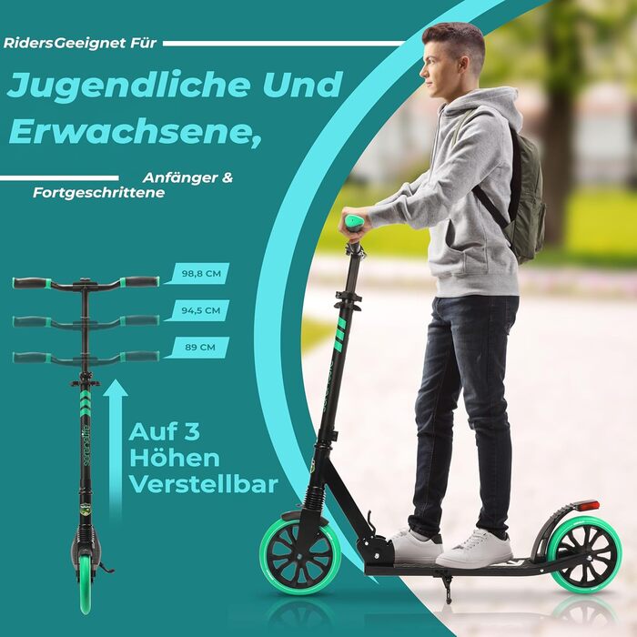 Самокат SereneLife Roller: складаний міський самокат з великими колесами, регульованою висотою, ременем для перенесення, підставкою та ножним гальмом до 100 кг (Аква)